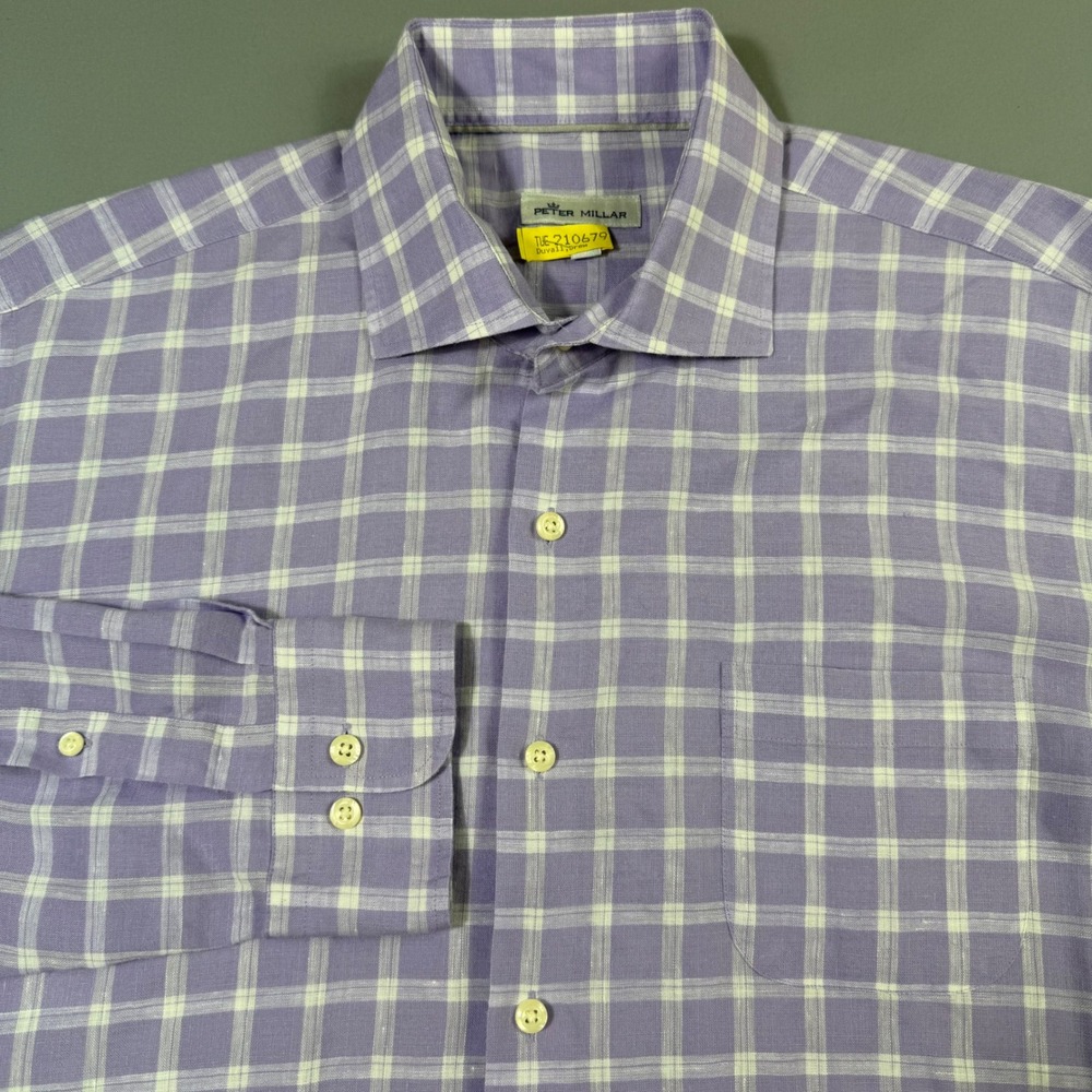 Peter Millar Button Up Shirt Mens Large Purple Plaid Linen Blend Business Casual